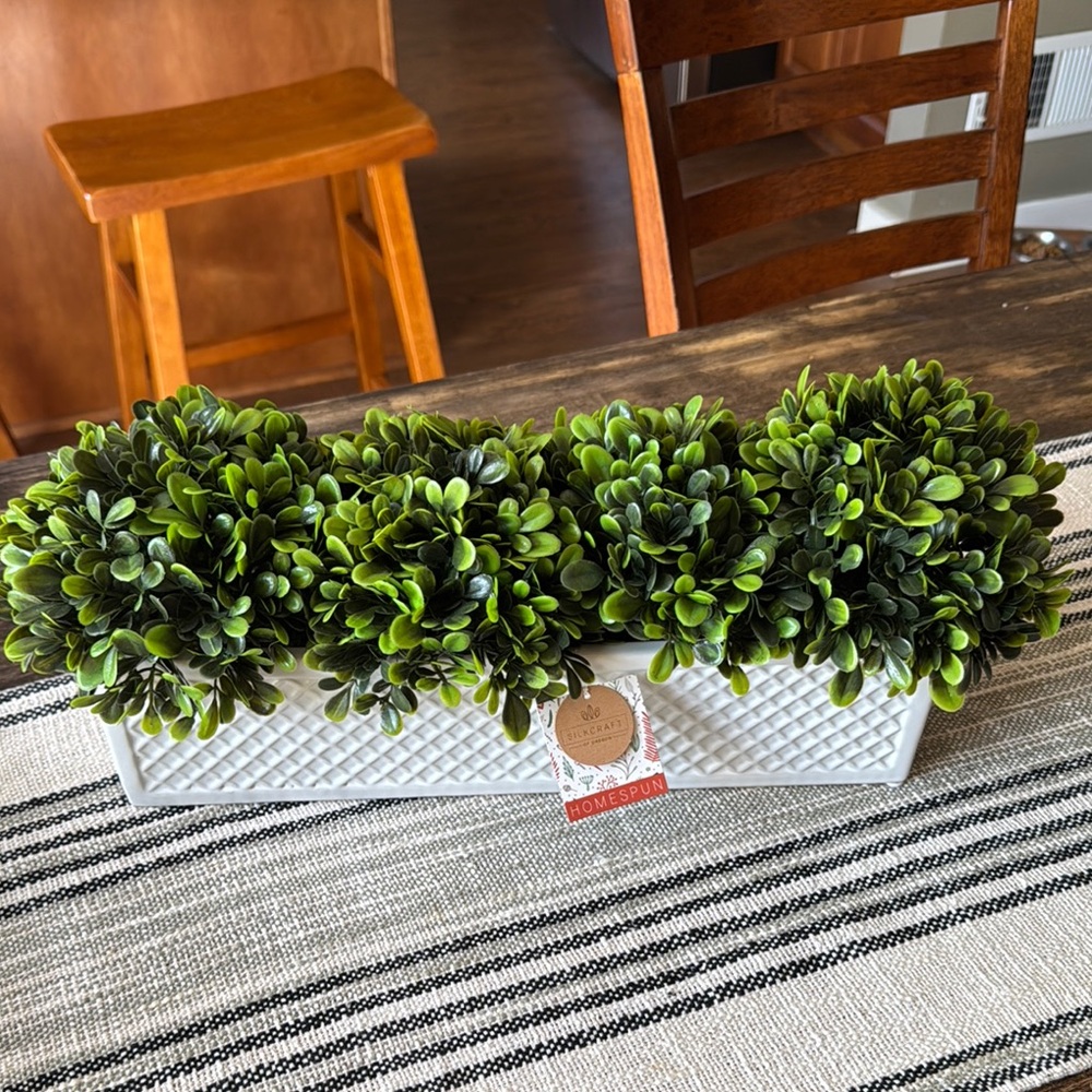 Lush Green Boxwood Faux Plant in Elegant White Planter